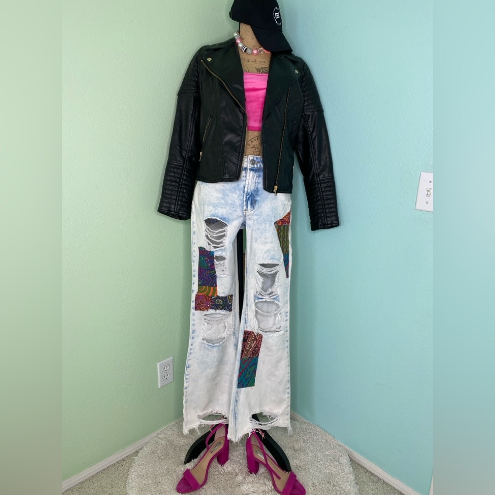 Rue21 Multicolor Patchwork Distressed Flare Jeans